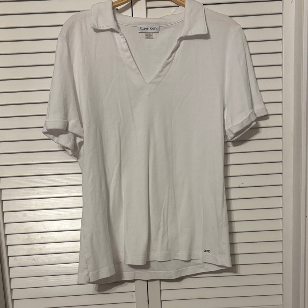 Calvin Klein White V-Neck Polo Collar Tee